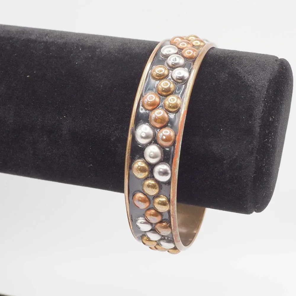 Vintage Bangle Bracelet Black Enamel Mixed Metal Brass Copper Tone Studded